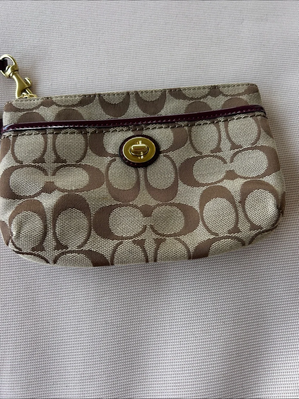 Coach Brown/Tan Signature Canvas Wristlet with Gold Hardware
